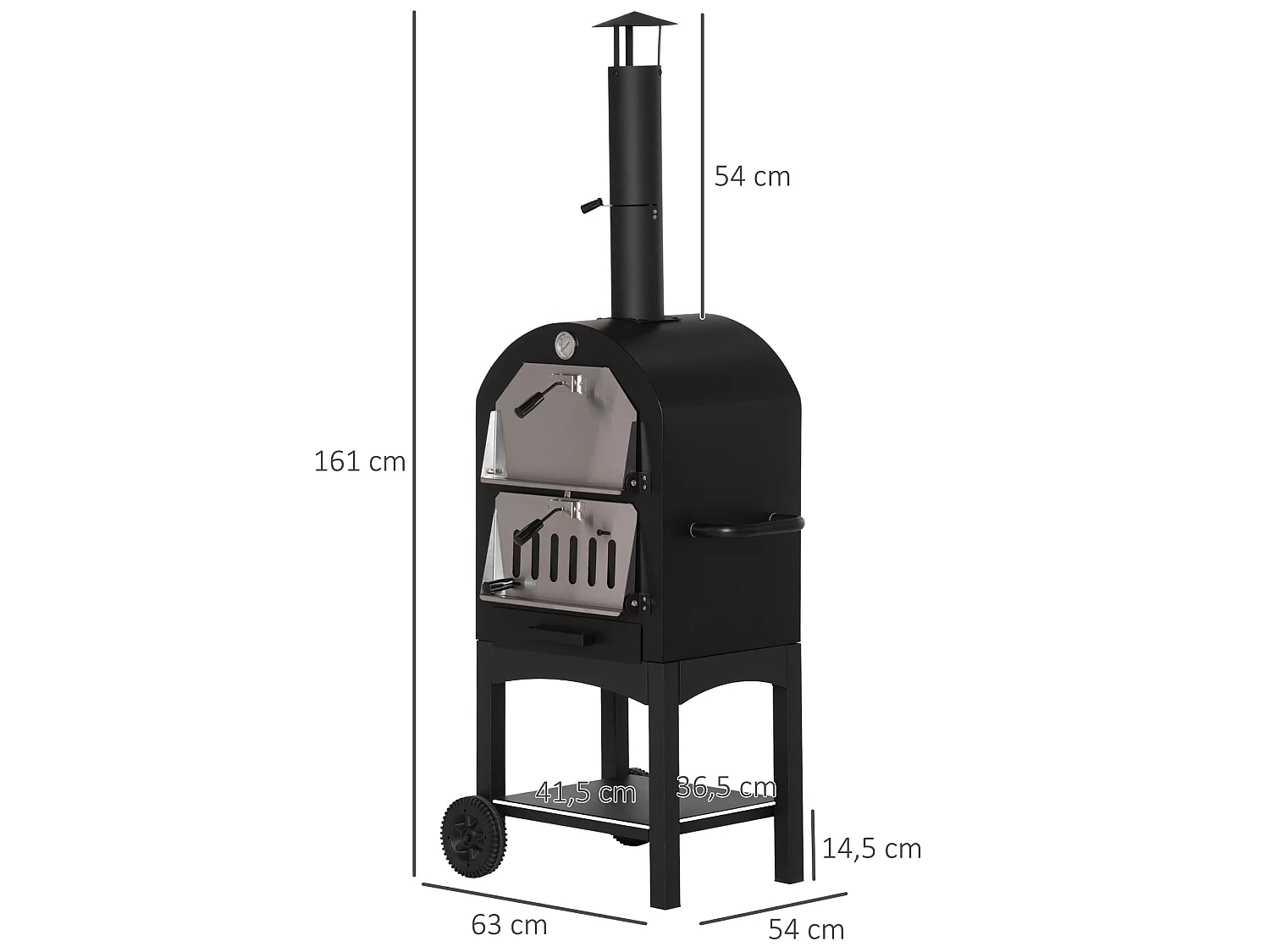 Four à pizza extérieur au charbon de bois - barbecue sur roulettes - four à bois - pierre réfractaire - cheminée, jauge température - acier au carbone noir gris