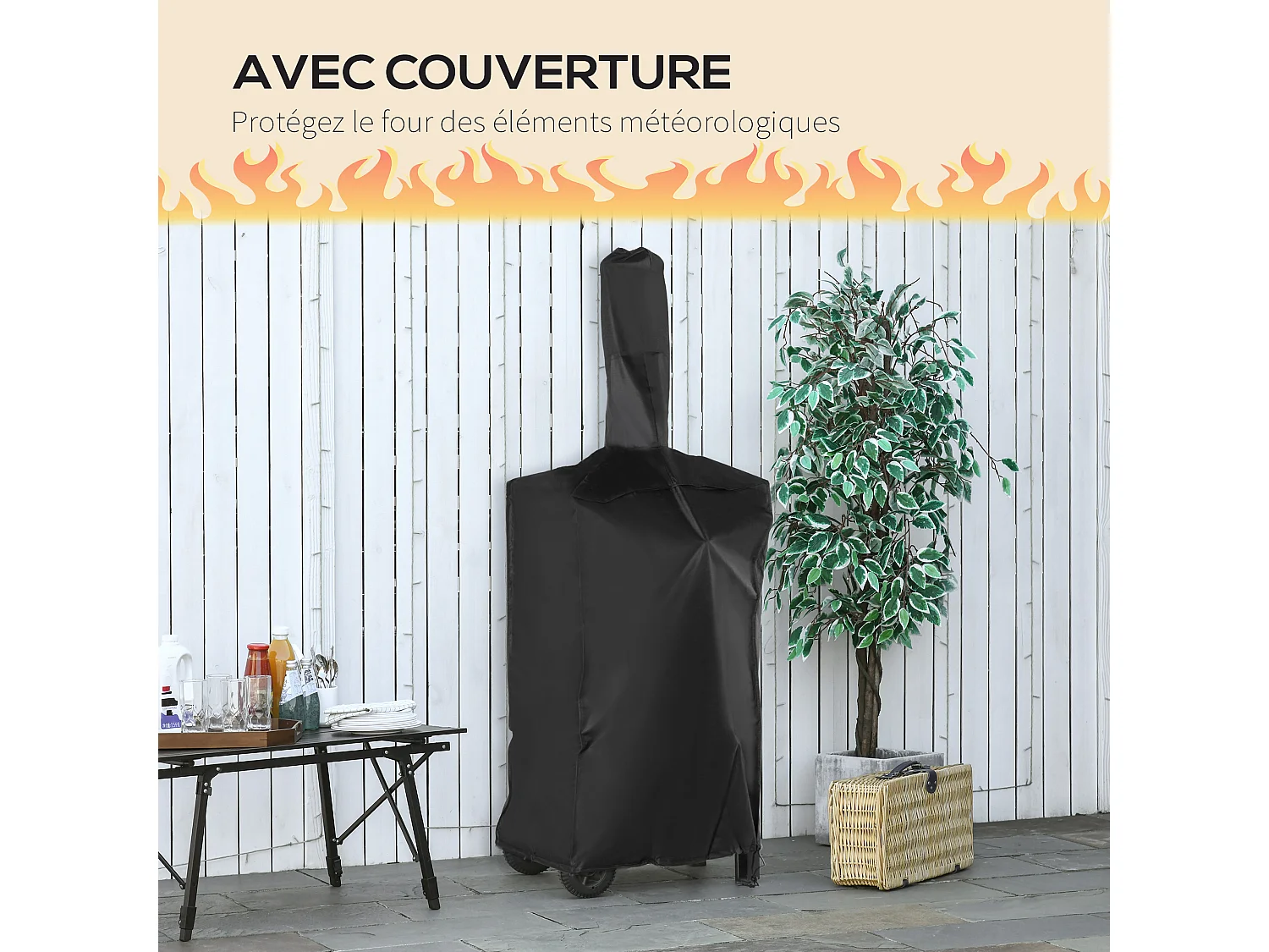 Four à pizza extérieur au charbon de bois - barbecue sur roulettes - four à bois - pierre réfractaire - cheminée, jauge température - acier au carbone noir gris