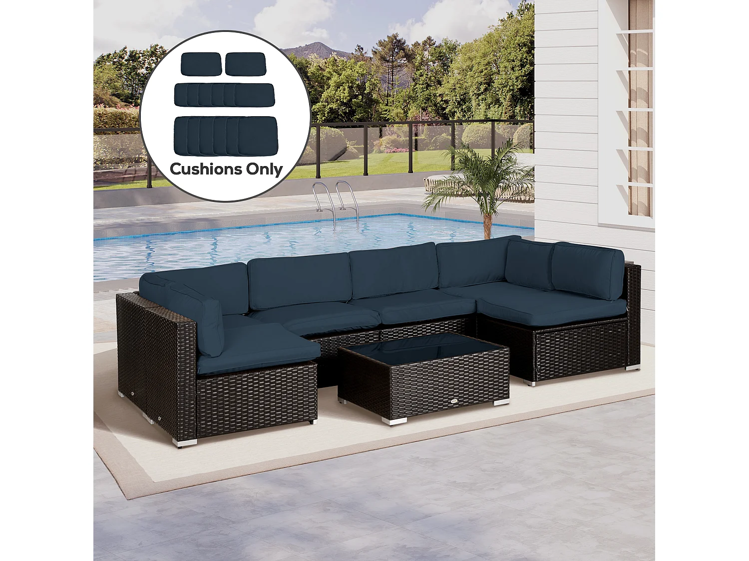Lot de 14 housses de rechange coussins salon de jardin - 6 housses coussin d'assise, 8 housses coussin dossier - housses zippées polyester déperlant bleu