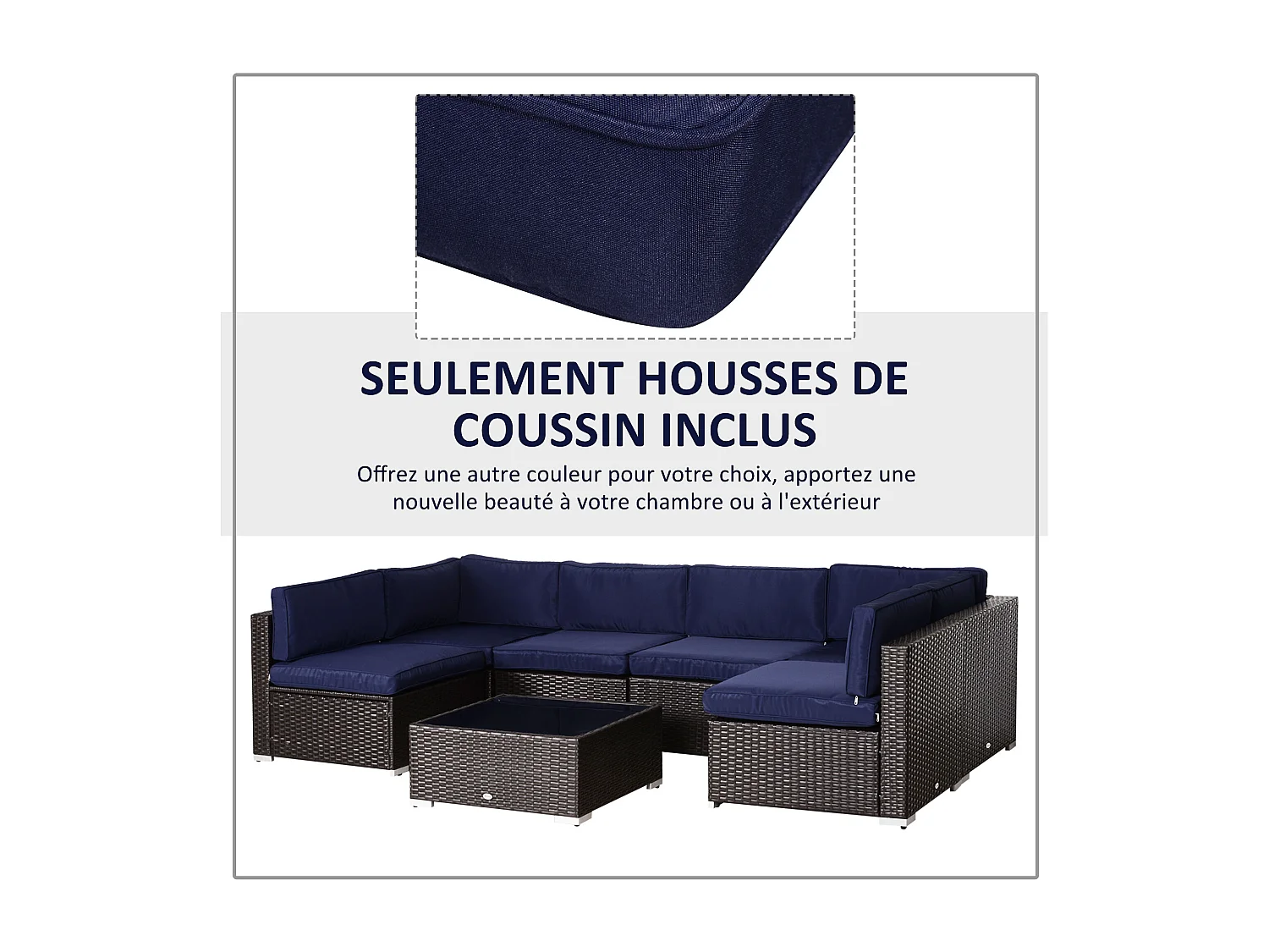 Lot de 14 housses de rechange coussins salon de jardin - 6 housses coussin d'assise, 8 housses coussin dossier - housses zippées polyester déperlant bleu