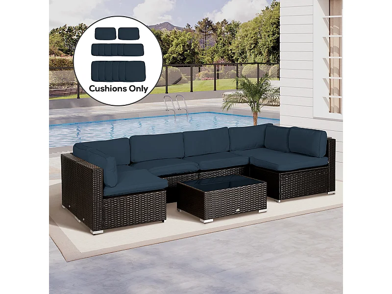 Lot de 14 housses de rechange coussins salon de jardin - 6 housses coussin d'assise, 8 housses coussin dossier - housses zippées polyester déperlant bleu