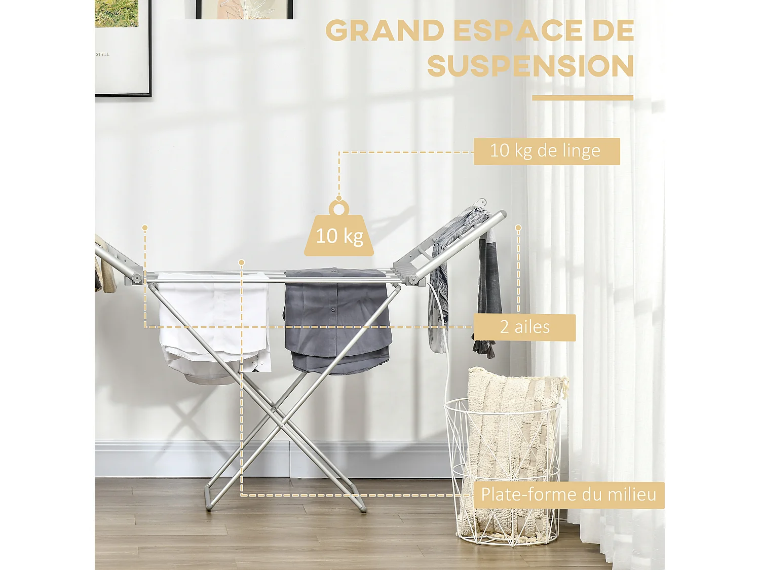 Séchoir étendoir à linge électrique chauffant pliable 2 ailes repliables 230W 45-55°C aluminium