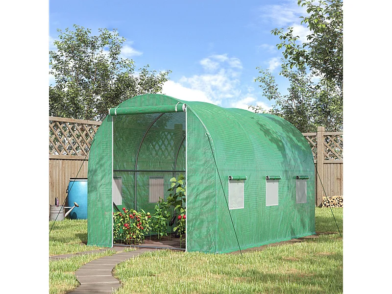 Serre de jardin tunnel surface sol 6 m² 3L x 2l x 2H m châssis tubulaire renforcé porte zippée 6 fenêtres enroulables vert