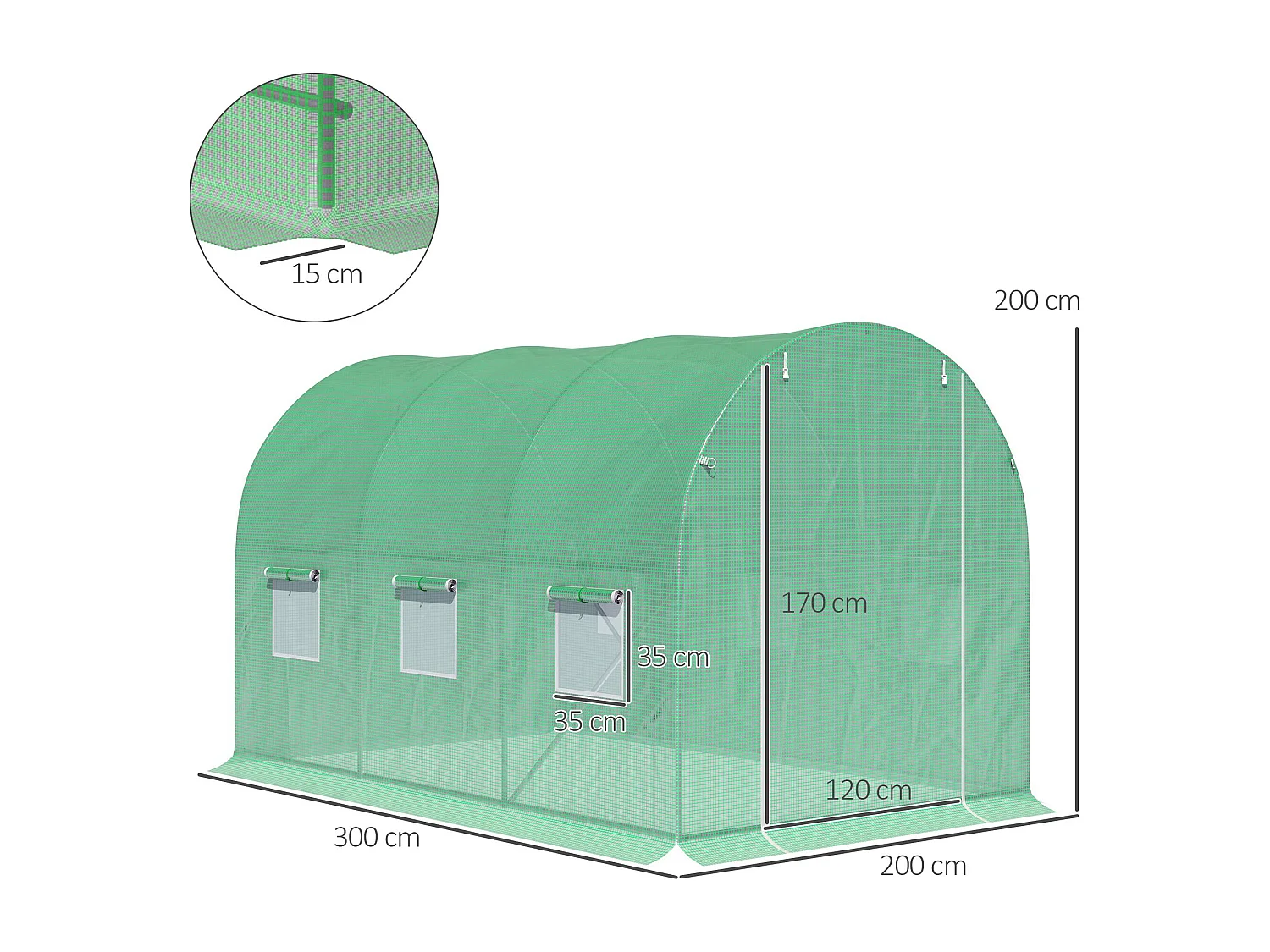 Serre de jardin tunnel surface sol 6 m² 3L x 2l x 2H m châssis tubulaire renforcé porte zippée 6 fenêtres enroulables vert
