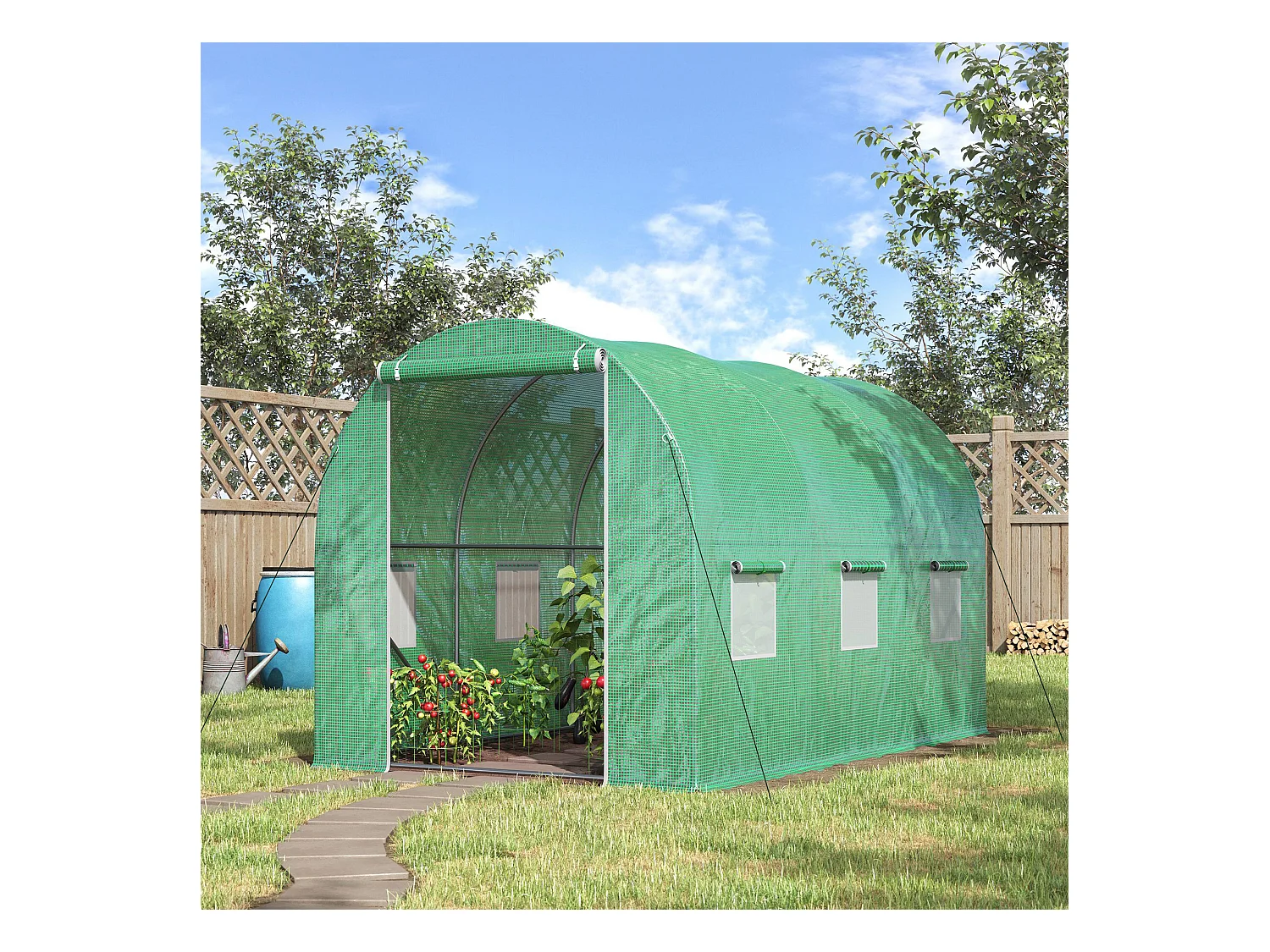 Serre de jardin tunnel surface sol 6 m² 3L x 2l x 2H m châssis tubulaire renforcé porte zippée 6 fenêtres enroulables vert