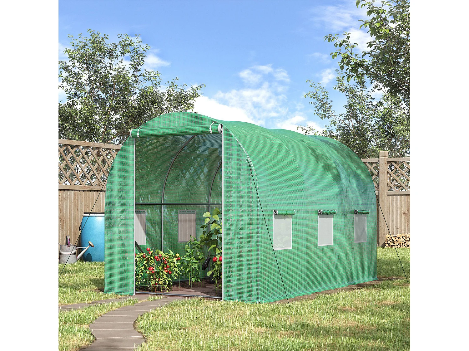 Serre de jardin tunnel surface sol 6 m² 3L x 2l x 2H m châssis tubulaire renforcé porte zippée 6 fenêtres enroulables vert
