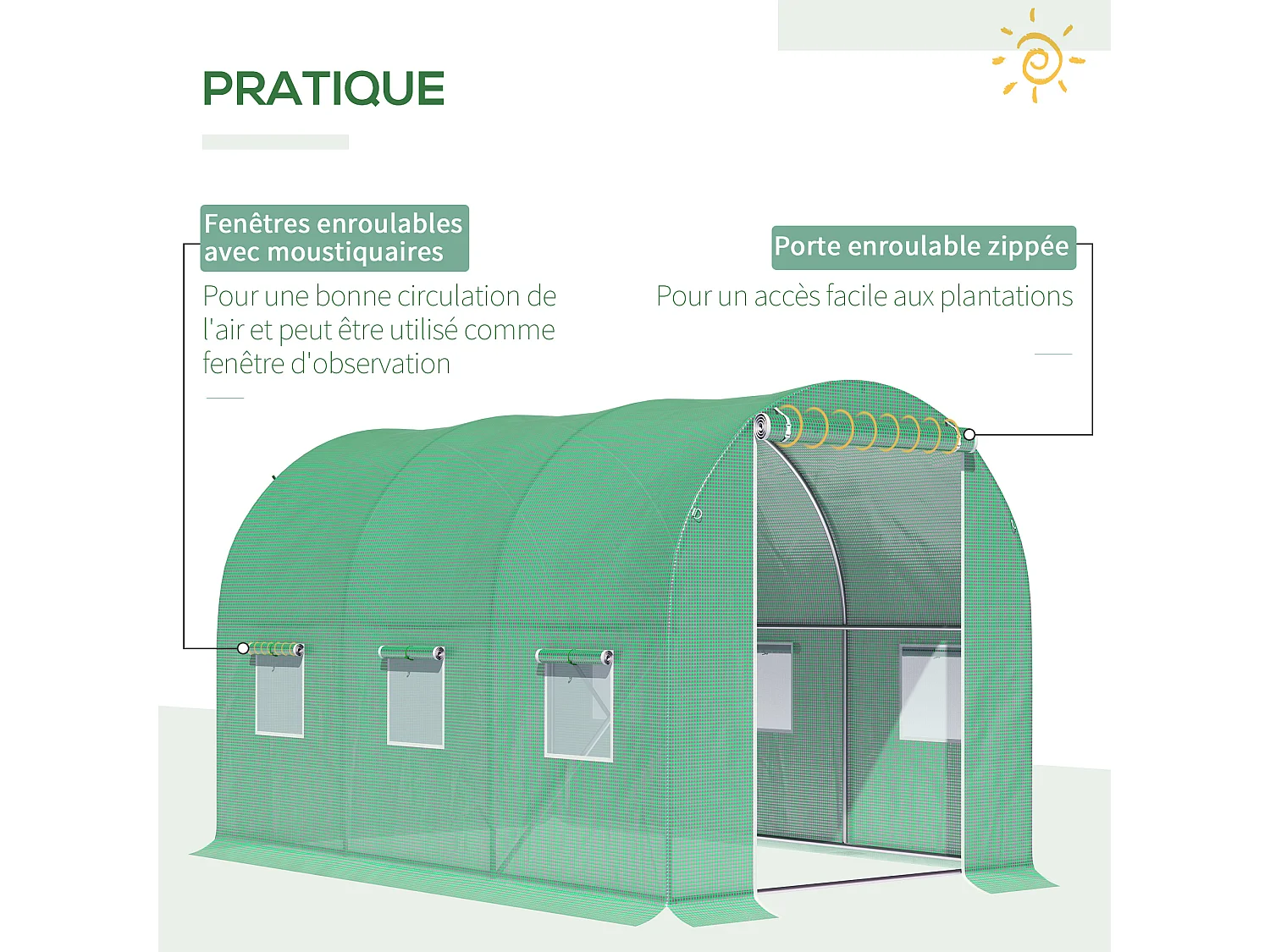 Serre de jardin tunnel surface sol 6 m² 3L x 2l x 2H m châssis tubulaire renforcé porte zippée 6 fenêtres enroulables vert