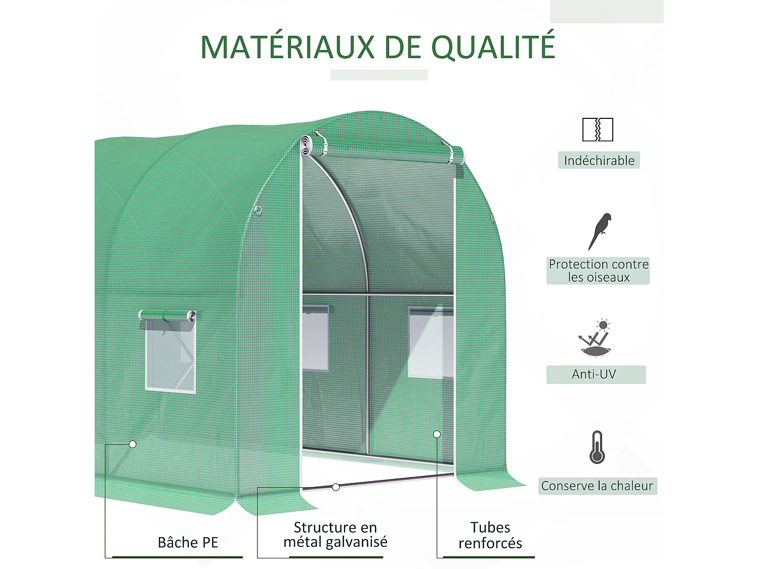Serre de jardin tunnel surface sol 6 m² 3L x 2l x 2H m châssis tubulaire renforcé porte zippée 6 fenêtres enroulables vert