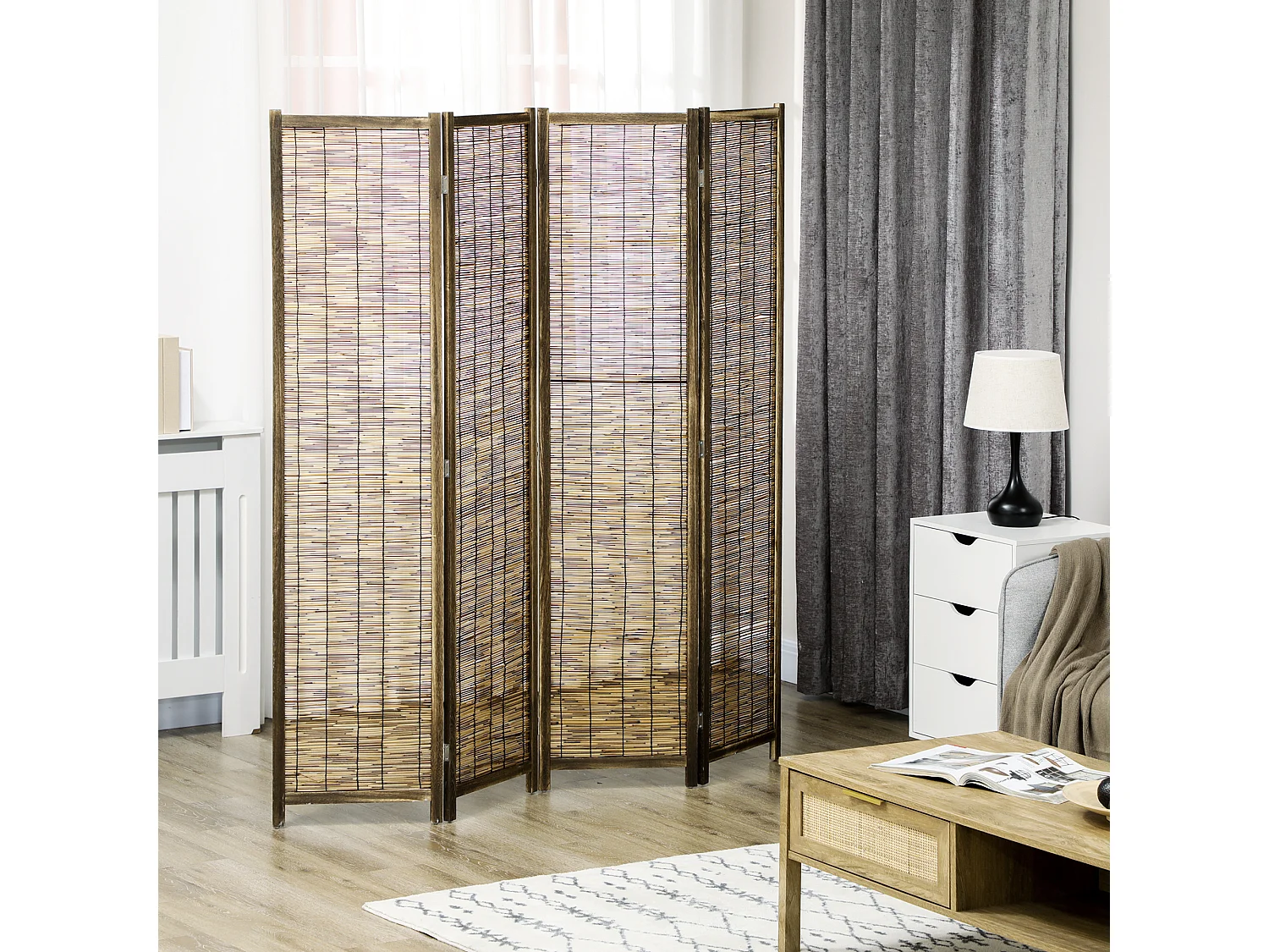 Paravent intérieur 4 panneaux pliables séparateur de pièce bois de paulownia roseau