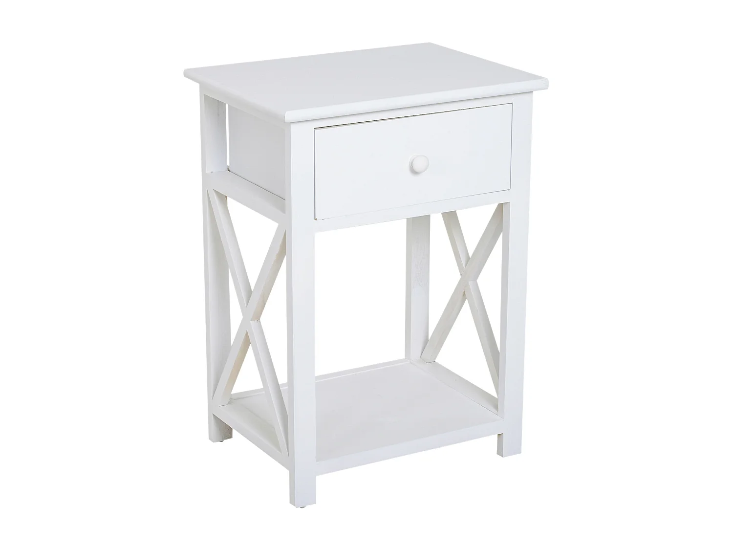 Table de chevet table de nuit style cosy avec croix latérales tiroir et étagère bois et MDF blanc