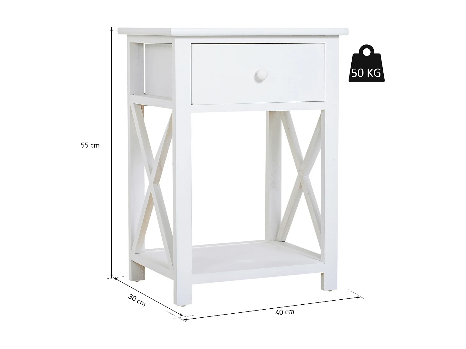 Table de chevet table de nuit style cosy avec croix latérales tiroir et étagère bois et MDF blanc