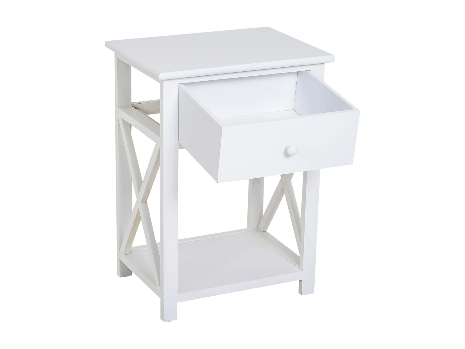 Table de chevet table de nuit style cosy avec croix latérales tiroir et étagère bois et MDF blanc