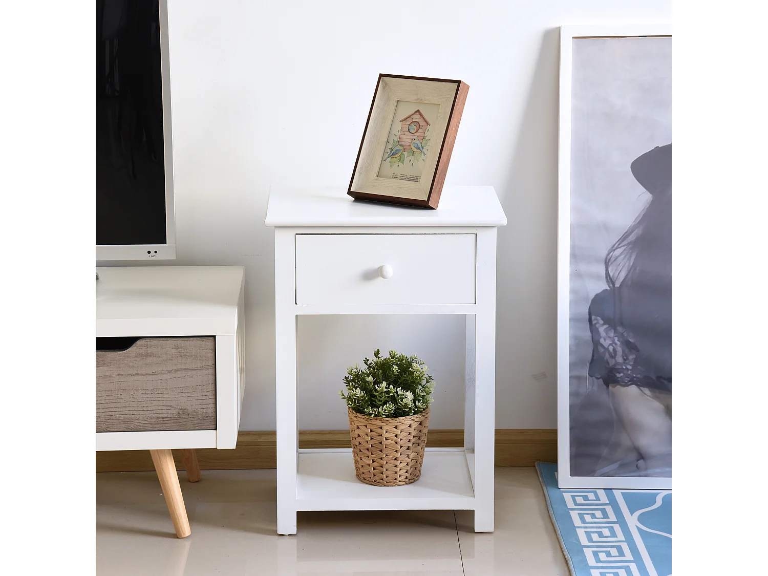 Table de chevet table de nuit style cosy avec croix latérales tiroir et étagère bois et MDF blanc