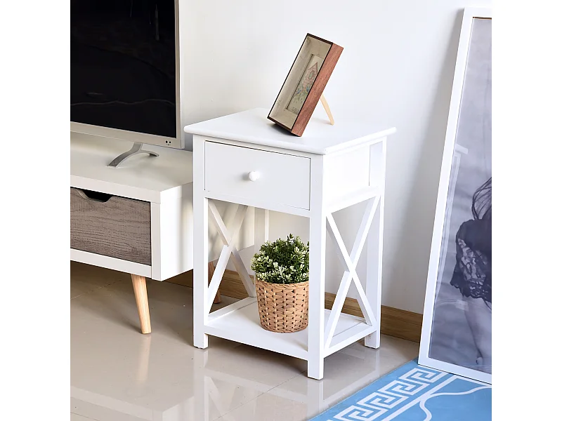 Table de chevet table de nuit style cosy avec croix latérales tiroir et étagère bois et MDF blanc