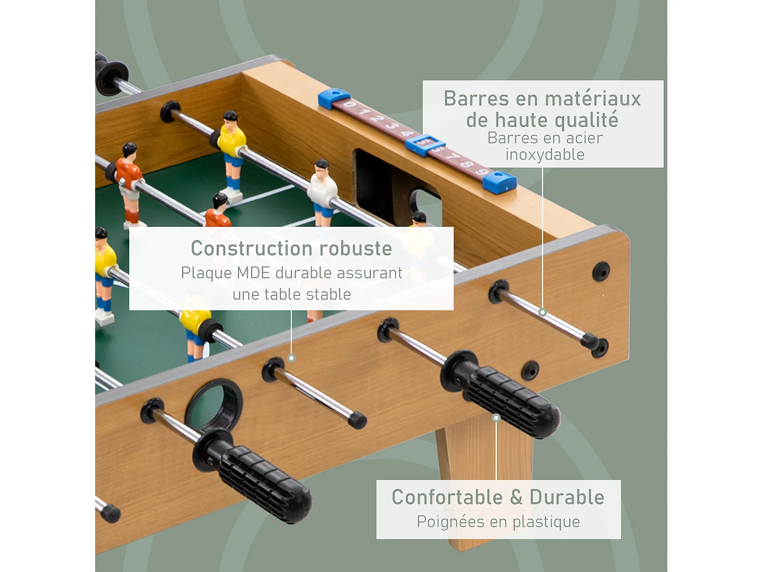 Table baby-foot enfant à partir de 6 ans 2 ballons 18 joueurs MDF vert aspect bois