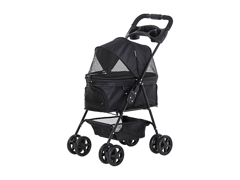 Poussette buggy pliable chien chat panier rangement porte-gobelets tissu 300D Oxford imperméable 4 roues noir