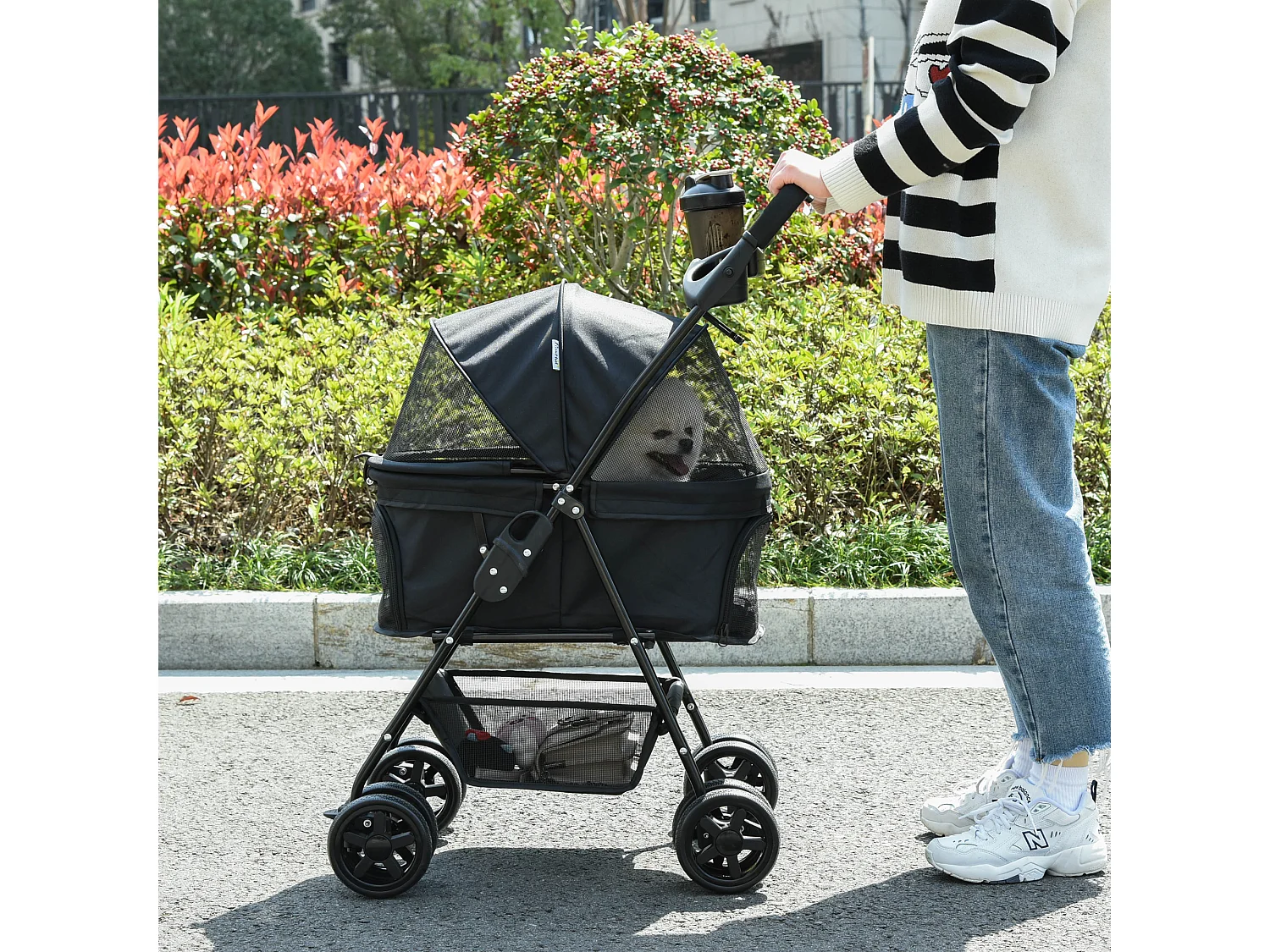 Poussette buggy pliable chien chat panier rangement porte-gobelets tissu 300D Oxford imperméable 4 roues noir