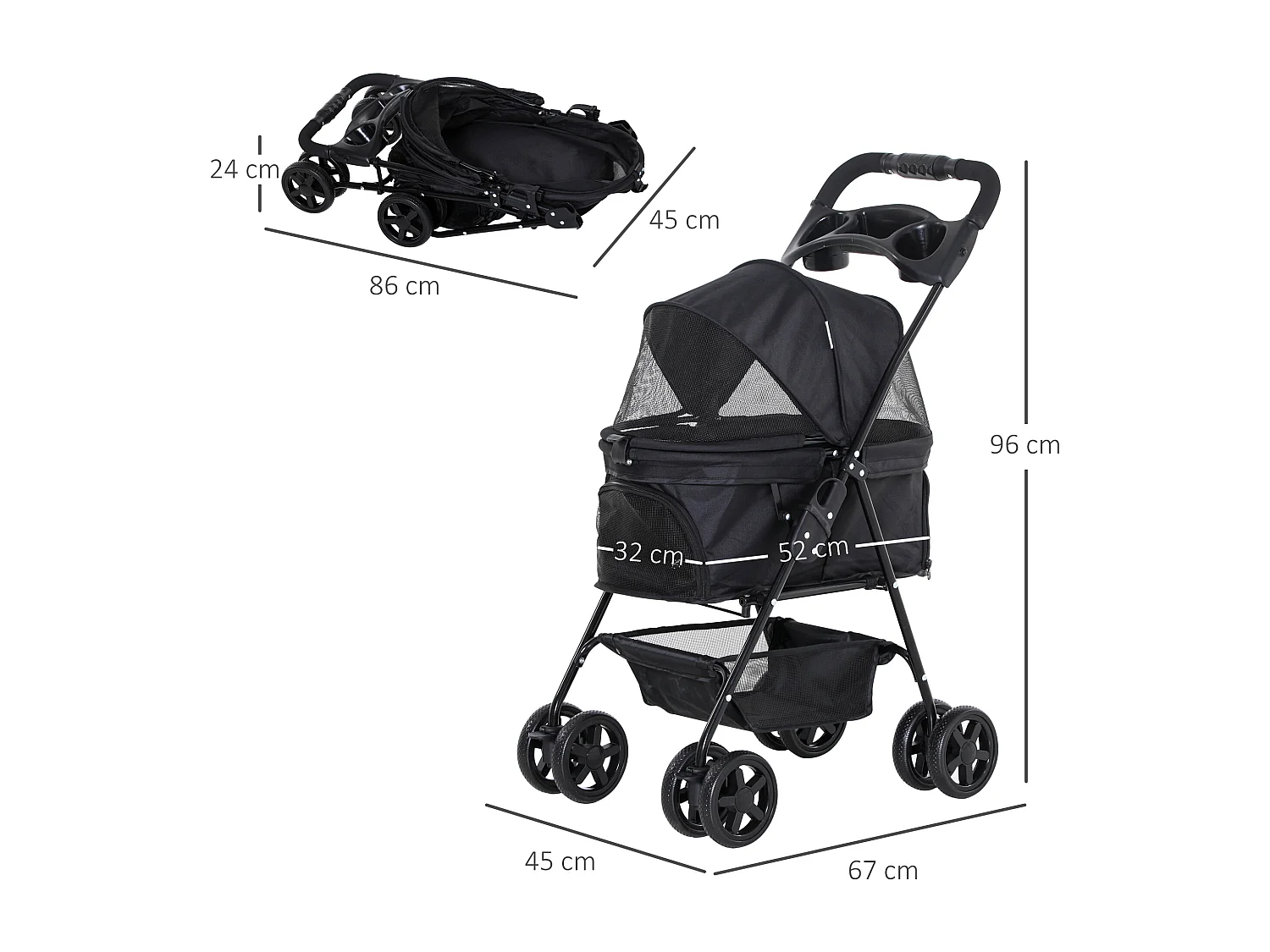 Poussette buggy pliable chien chat panier rangement porte-gobelets tissu 300D Oxford imperméable 4 roues noir