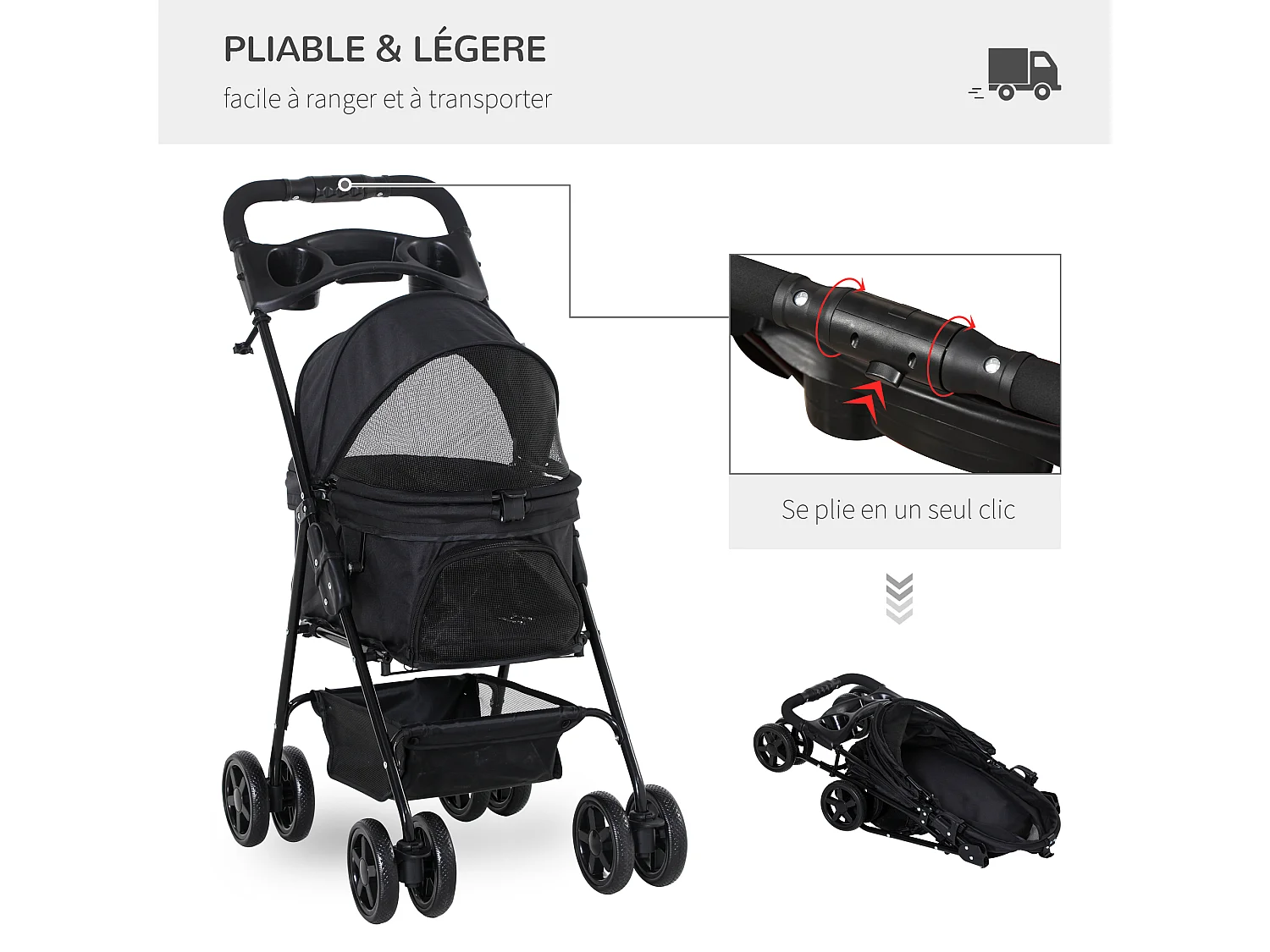 Poussette buggy pliable chien chat panier rangement porte-gobelets tissu 300D Oxford imperméable 4 roues noir