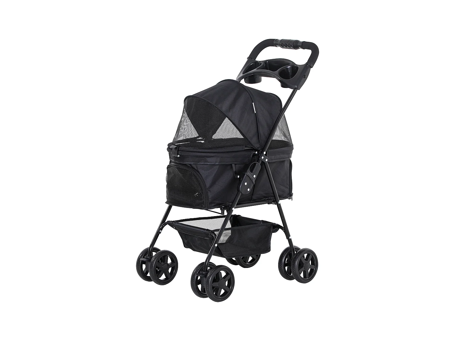 Poussette buggy pliable chien chat panier rangement porte-gobelets tissu 300D Oxford imperméable 4 roues noir