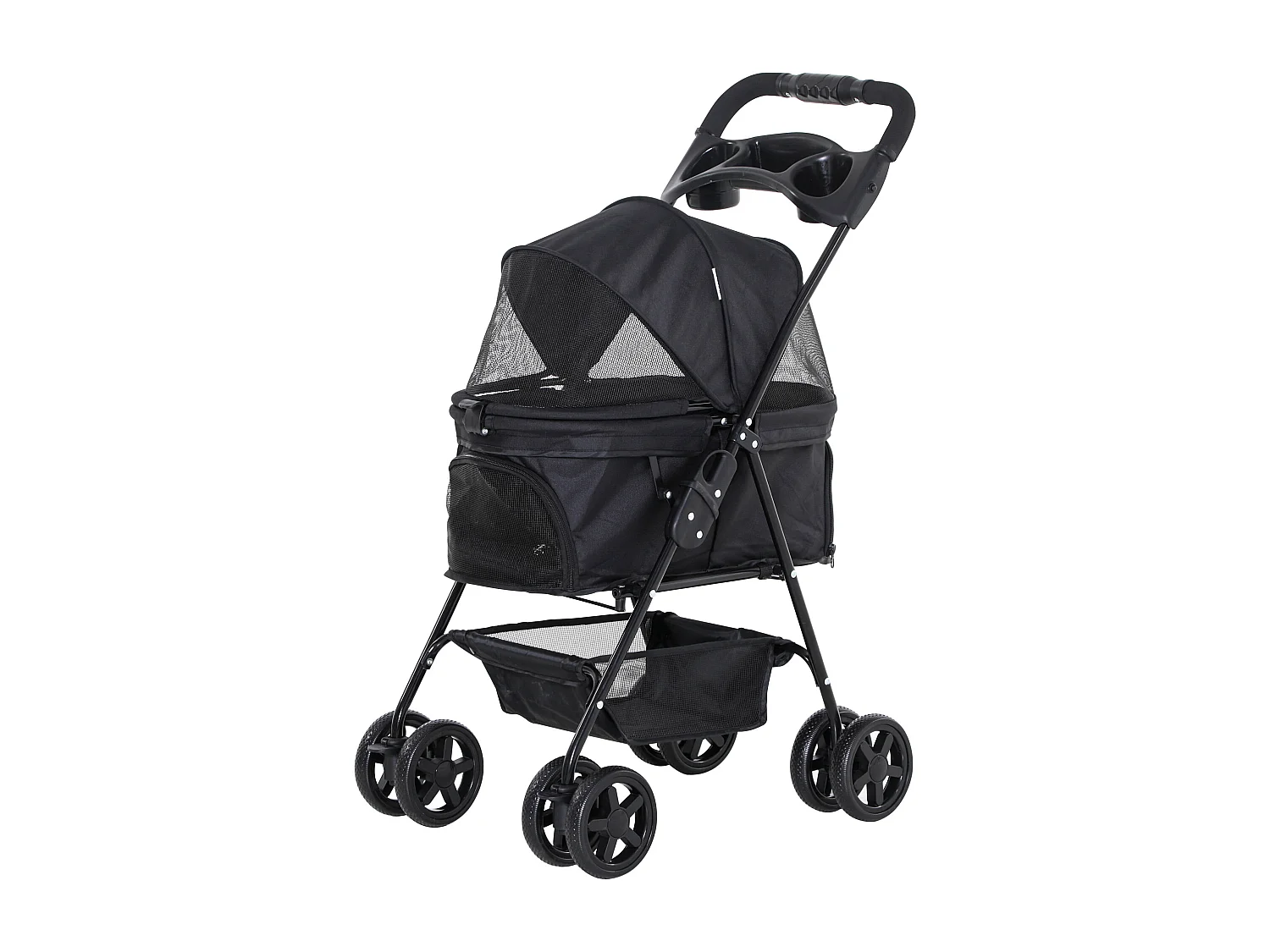 Poussette buggy pliable chien chat panier rangement porte-gobelets tissu 300D Oxford imperméable 4 roues noir