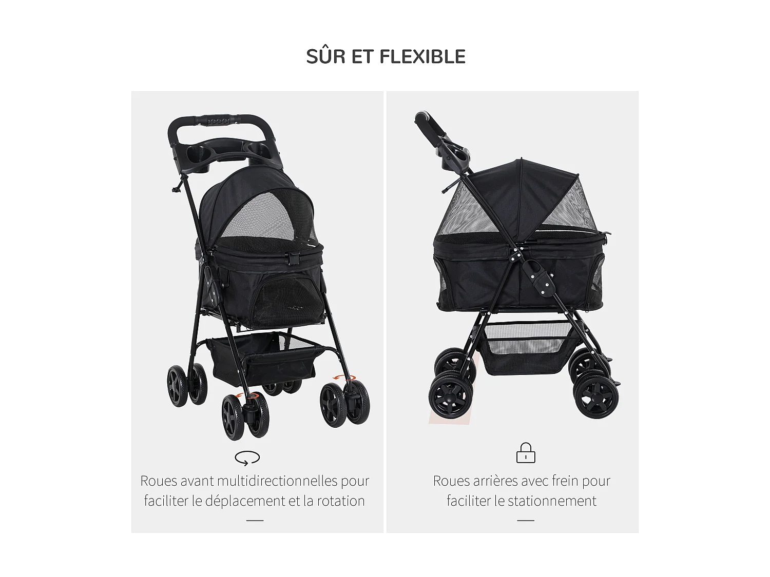 Poussette buggy pliable chien chat panier rangement porte-gobelets tissu 300D Oxford imperméable 4 roues noir