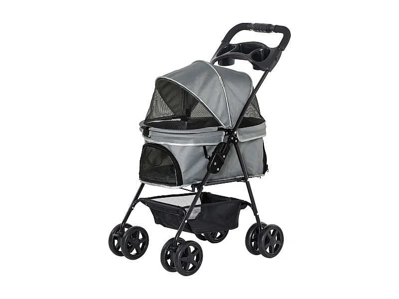 Poussette buggy pliable chien chat panier rangement porte-gobelets tissu 300D Oxford imperméable 4 roues gris