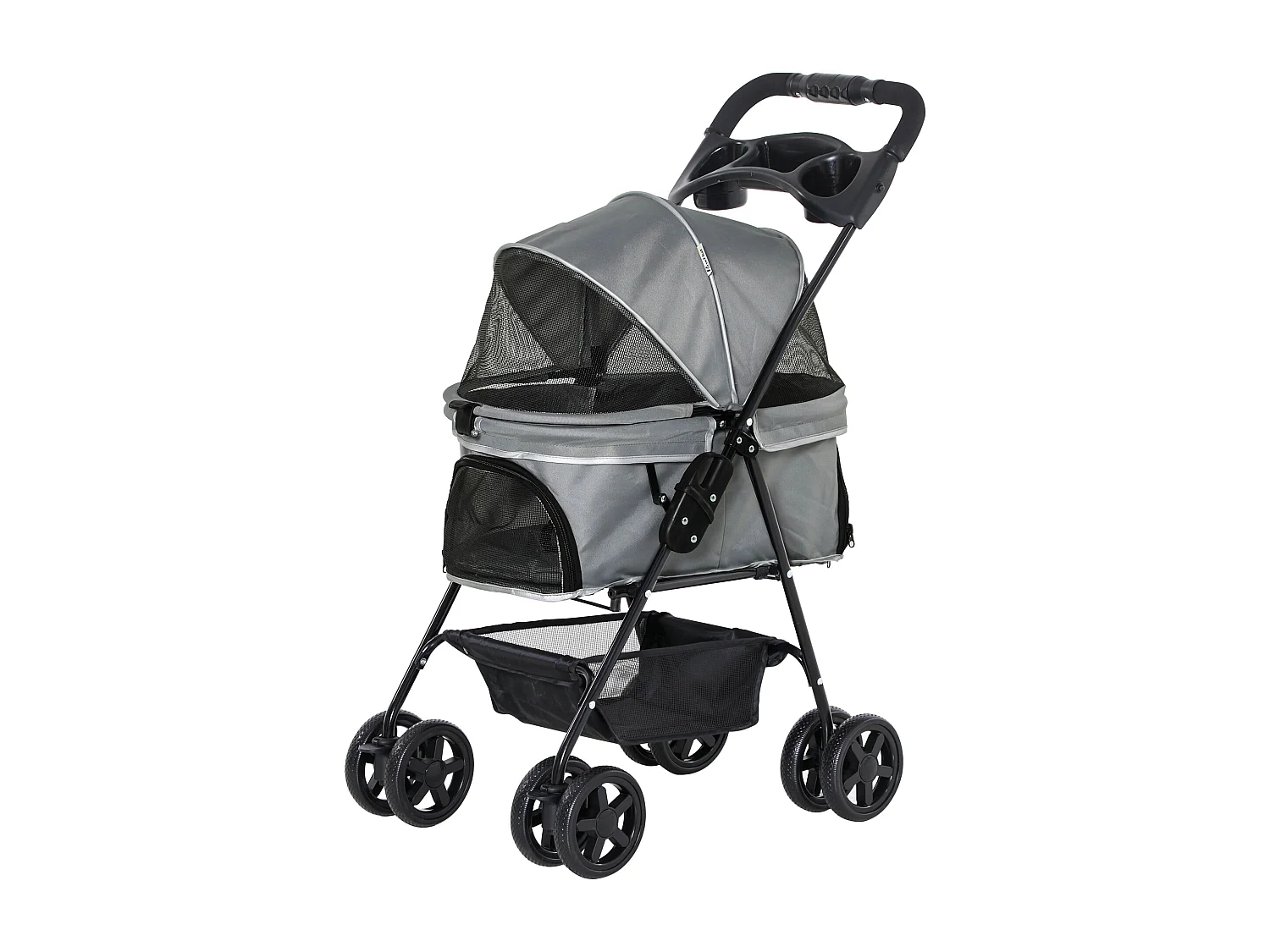 Poussette buggy pliable chien chat panier rangement porte-gobelets tissu 300D Oxford imperméable 4 roues gris