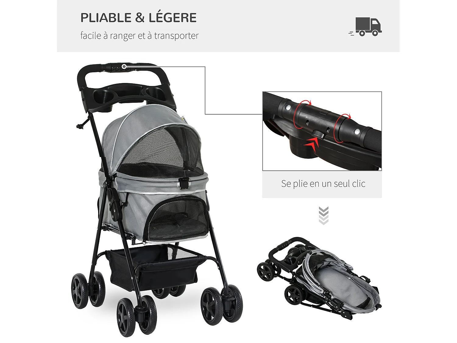 Poussette buggy pliable chien chat panier rangement porte-gobelets tissu 300D Oxford imperméable 4 roues gris