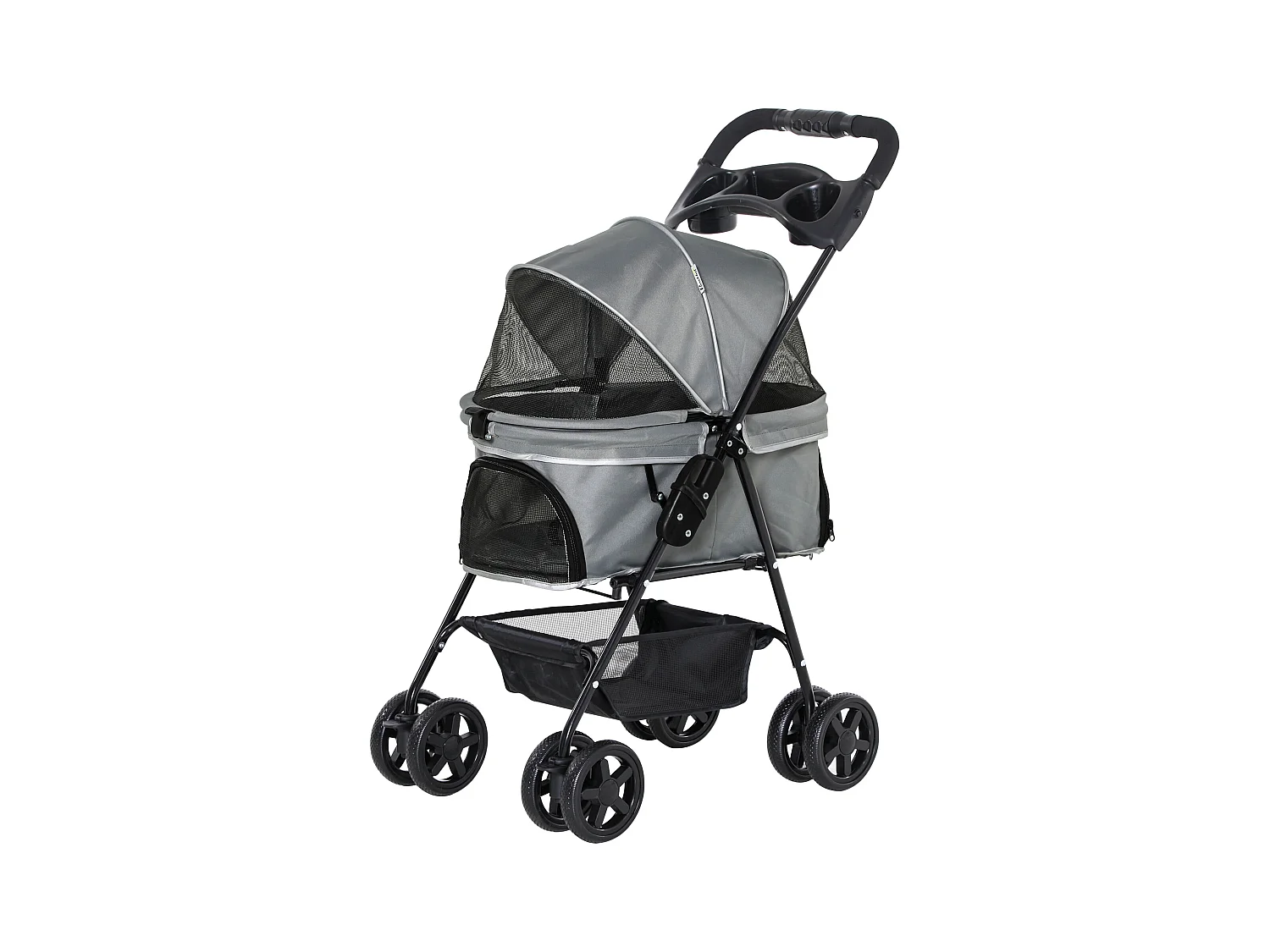 Poussette buggy pliable chien chat panier rangement porte-gobelets tissu 300D Oxford imperméable 4 roues gris