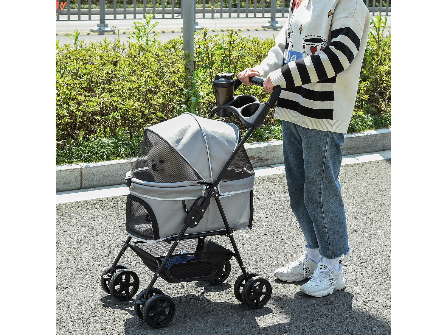 Poussette buggy pliable chien chat panier rangement porte-gobelets tissu 300D Oxford imperméable 4 roues gris