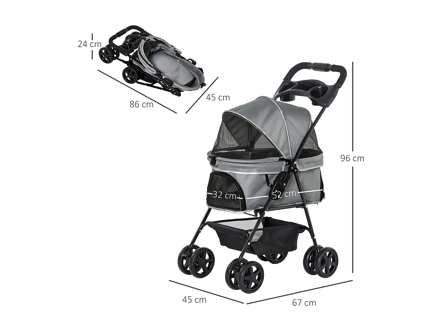 Poussette buggy pliable chien chat panier rangement porte-gobelets tissu 300D Oxford imperméable 4 roues gris