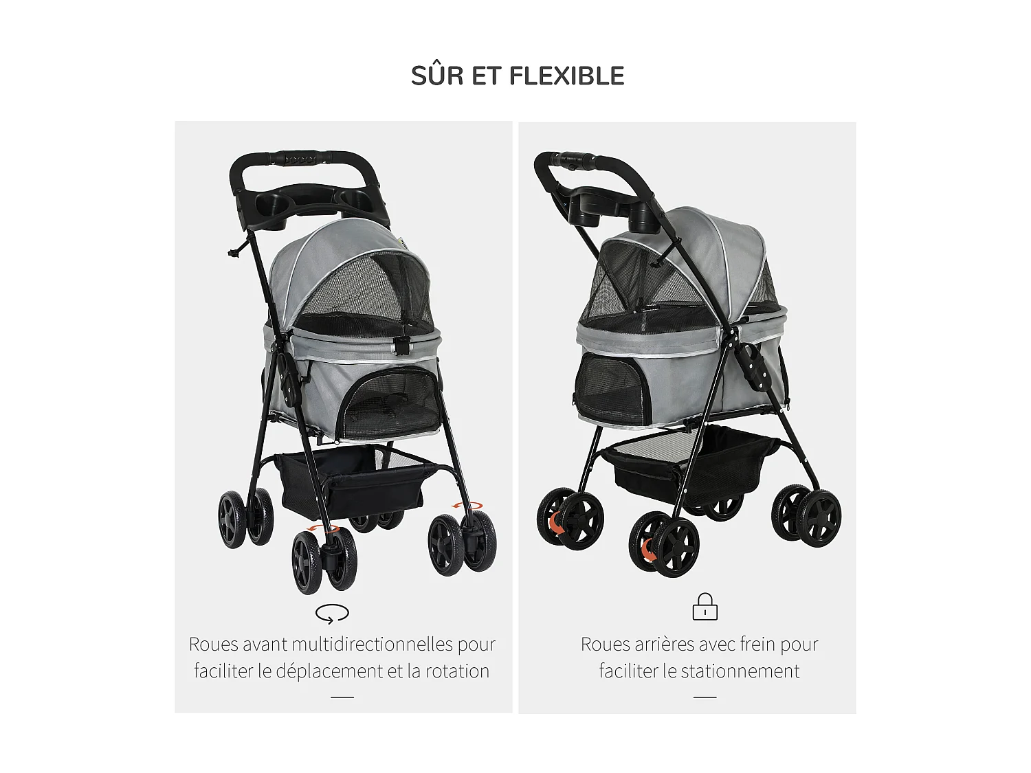 Poussette buggy pliable chien chat panier rangement porte-gobelets tissu 300D Oxford imperméable 4 roues gris