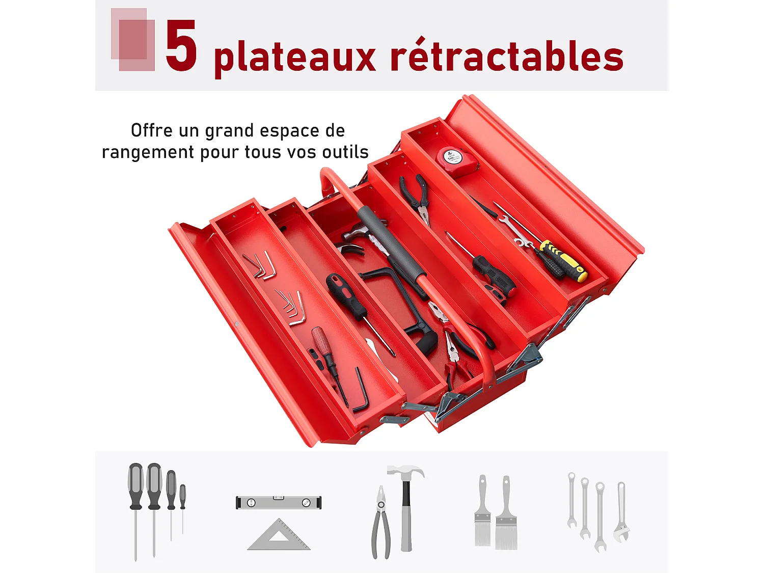 HOMCOM Boite à outils métallique - coffret à outils - caisse à outils 3 niveaux 5 plateaux rétractables - tôle acier rouge