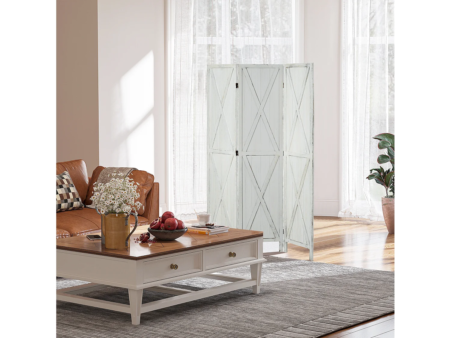 Paravent intérieur 3 panneaux style campagnard chic - séparateur de pièce avec croisillons - blanc effet vieilli