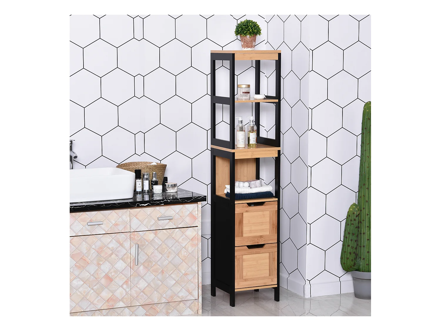 Meuble colonne rangement salle de bain style cosy dim. 30L x 30l x 144H cm 3 étagères 2 tiroirs bambou MDF noir