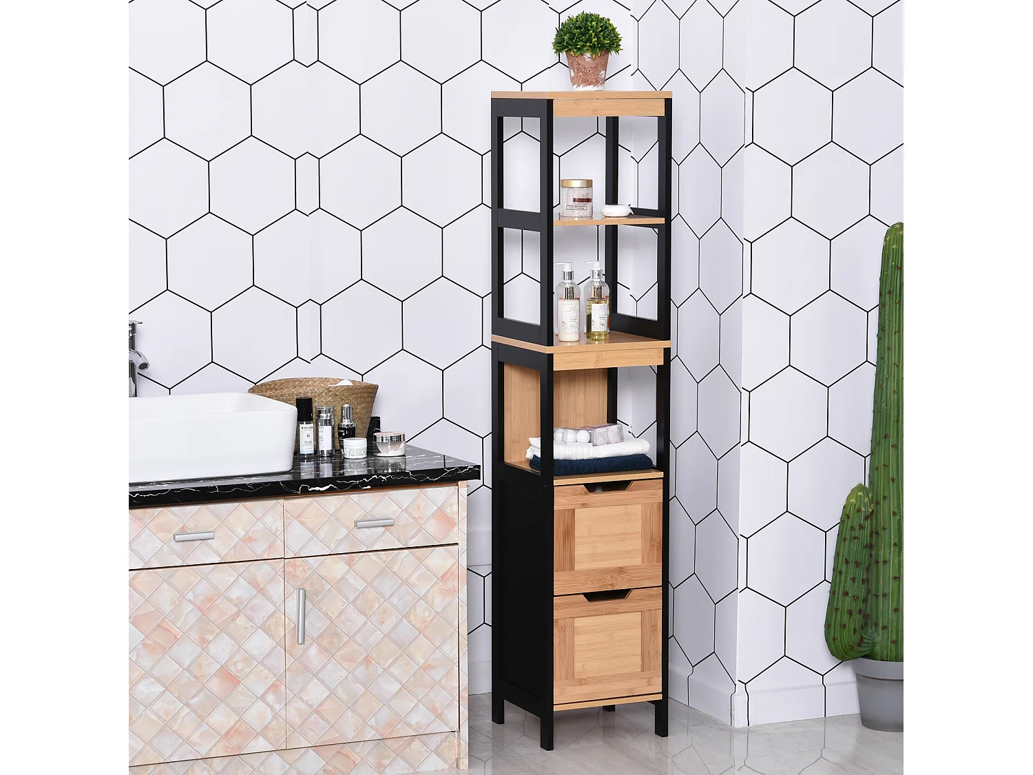 Meuble colonne rangement salle de bain style cosy dim. 30L x 30l x 144H cm 3 étagères 2 tiroirs bambou MDF noir