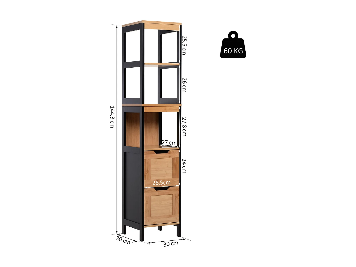 Meuble colonne rangement salle de bain style cosy dim. 30L x 30l x 144H cm 3 étagères 2 tiroirs bambou MDF noir