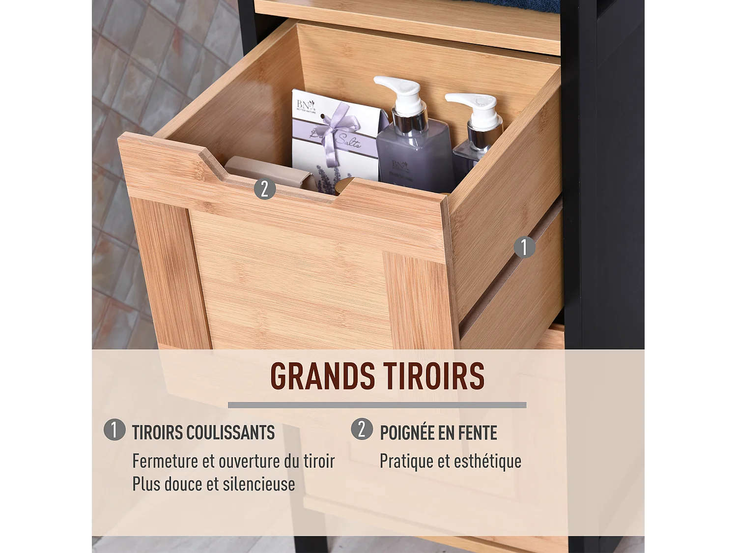 Meuble colonne rangement salle de bain style cosy dim. 30L x 30l x 144H cm 3 étagères 2 tiroirs bambou MDF noir