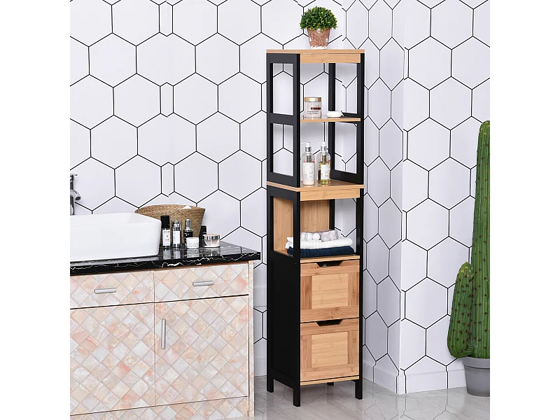 Meuble colonne rangement salle de bain style cosy dim. 30L x 30l x 144H cm 3 étagères 2 tiroirs bambou MDF noir