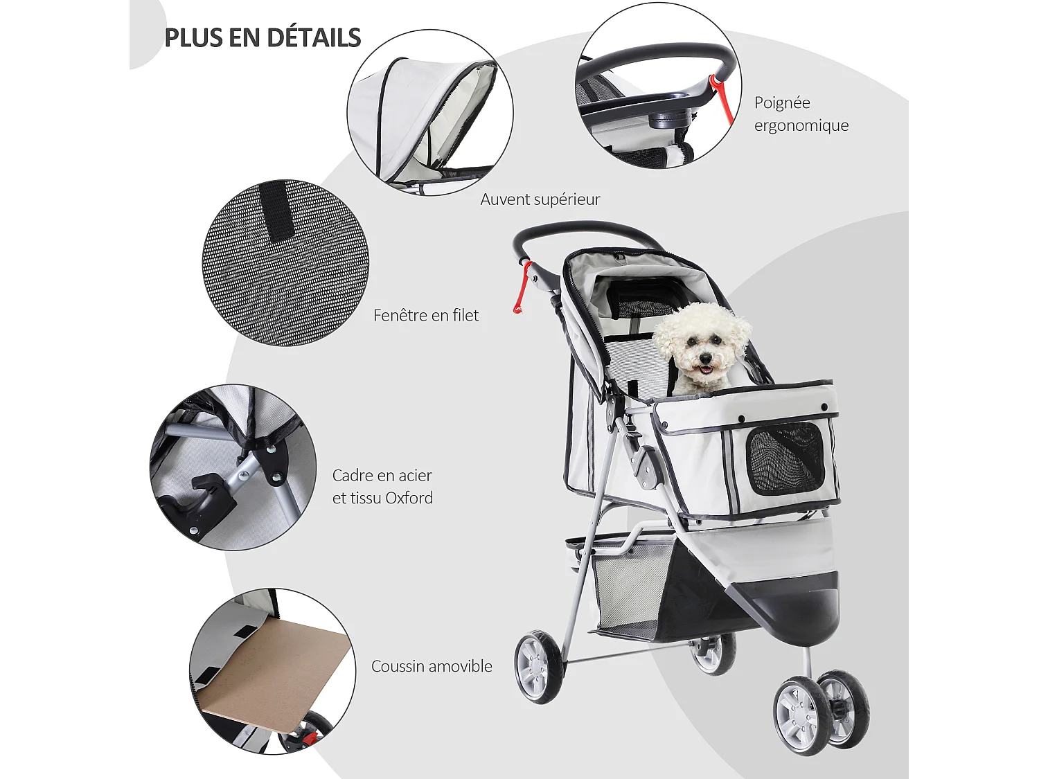 Poussette buggy pliable animaux chariot pliant chien chat porte-gobelet panier de rangement inclus roues avec frein tissu 600D Oxford métal gris