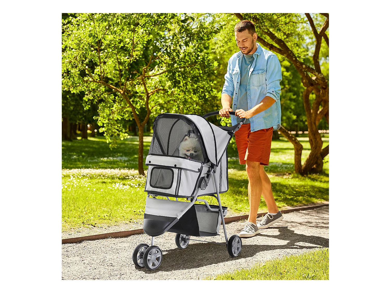 Poussette buggy pliable animaux chariot pliant chien chat porte-gobelet panier de rangement inclus roues avec frein tissu 600D Oxford métal gris