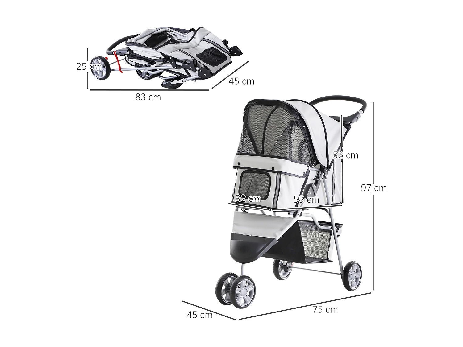 Poussette buggy pliable animaux chariot pliant chien chat porte-gobelet panier de rangement inclus roues avec frein tissu 600D Oxford métal gris