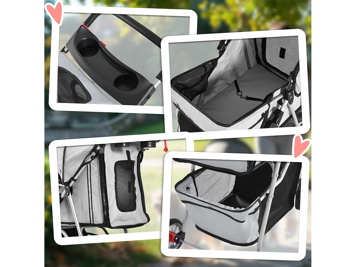 Poussette buggy pliable animaux chariot pliant chien chat porte-gobelet panier de rangement inclus roues avec frein tissu 600D Oxford métal gris