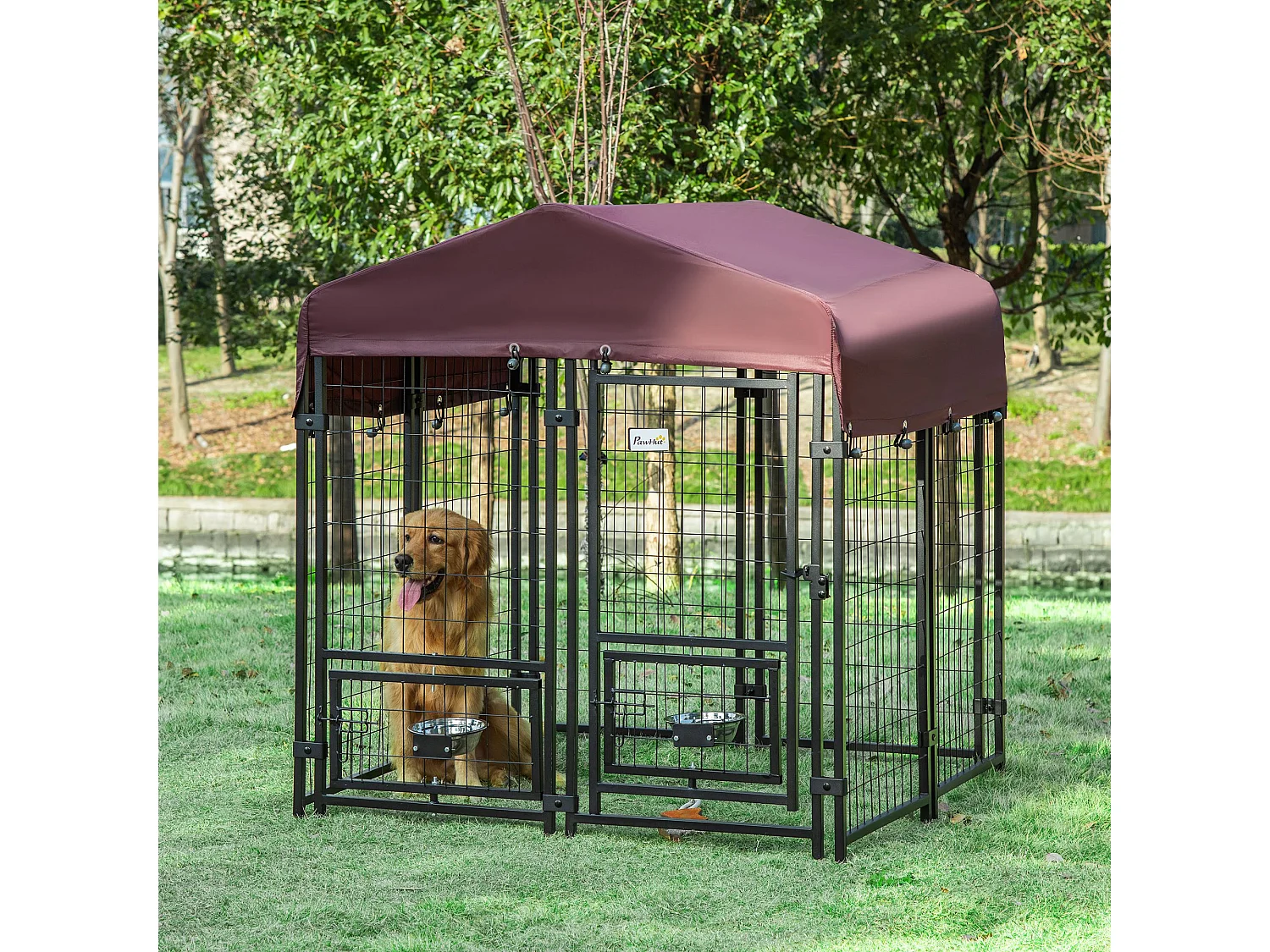 Chenil extérieur pour chien - cage chien - enclos chien - toile toit imperméable anti-UV, porte verrouillable, 2 bols rotatifs - acier noir oxford pourpre