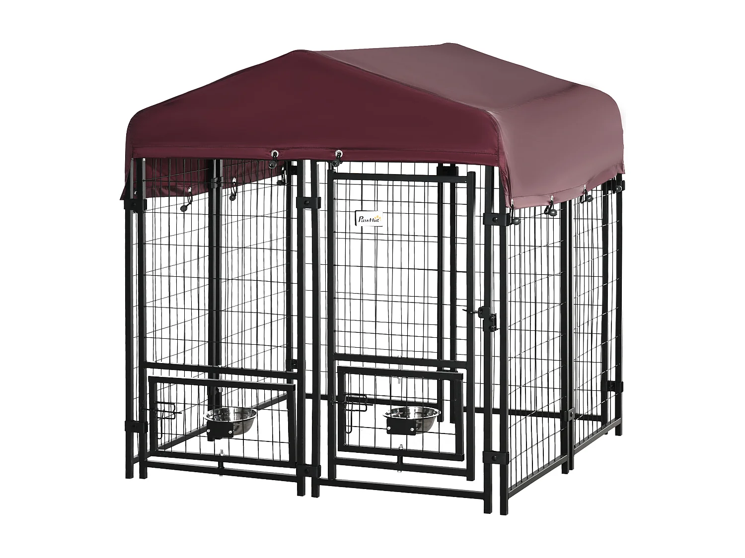 Chenil extérieur pour chien - cage chien - enclos chien - toile toit imperméable anti-UV, porte verrouillable, 2 bols rotatifs - acier noir oxford pourpre