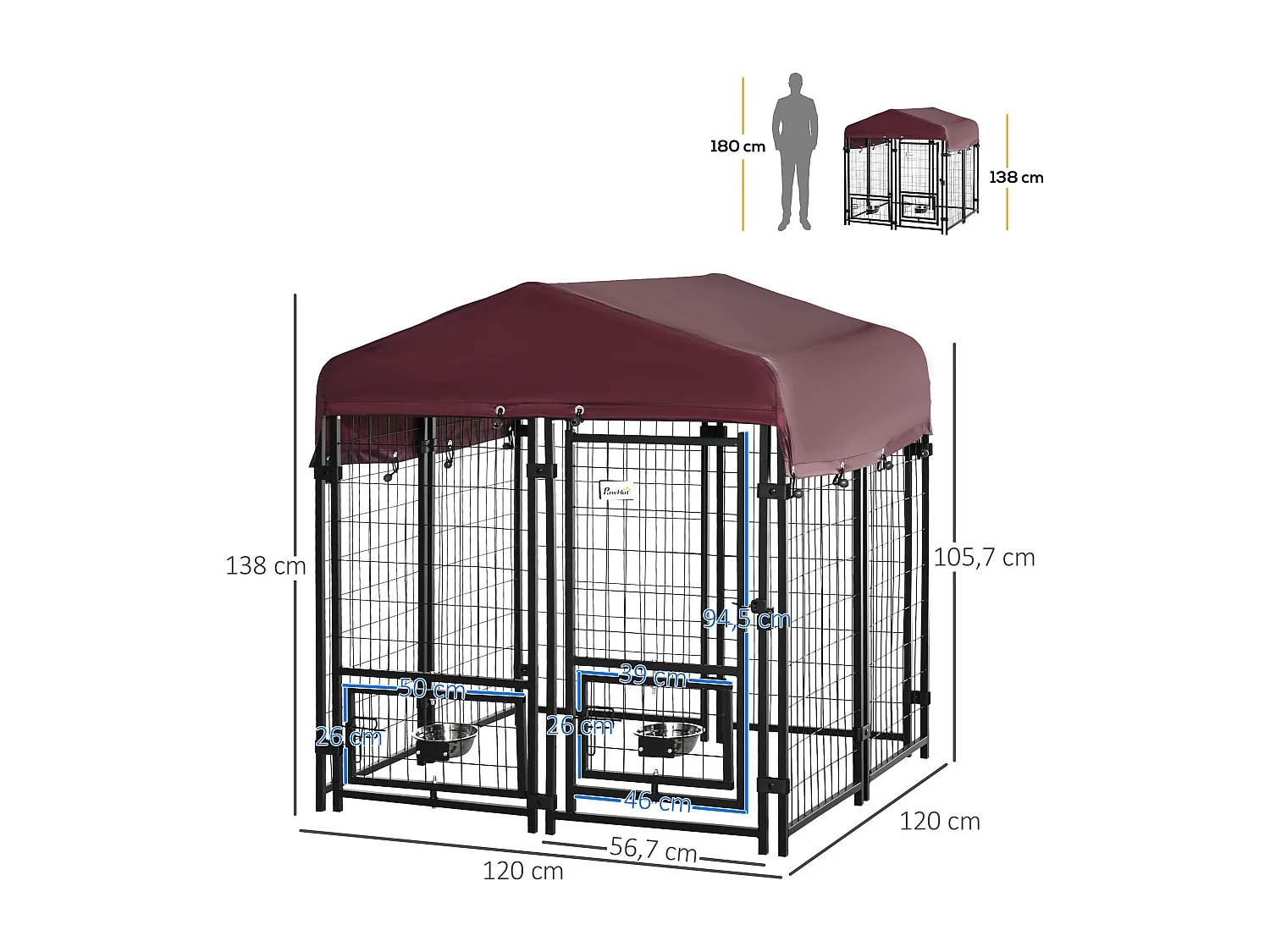 Chenil extérieur pour chien - cage chien - enclos chien - toile toit imperméable anti-UV, porte verrouillable, 2 bols rotatifs - acier noir oxford pourpre