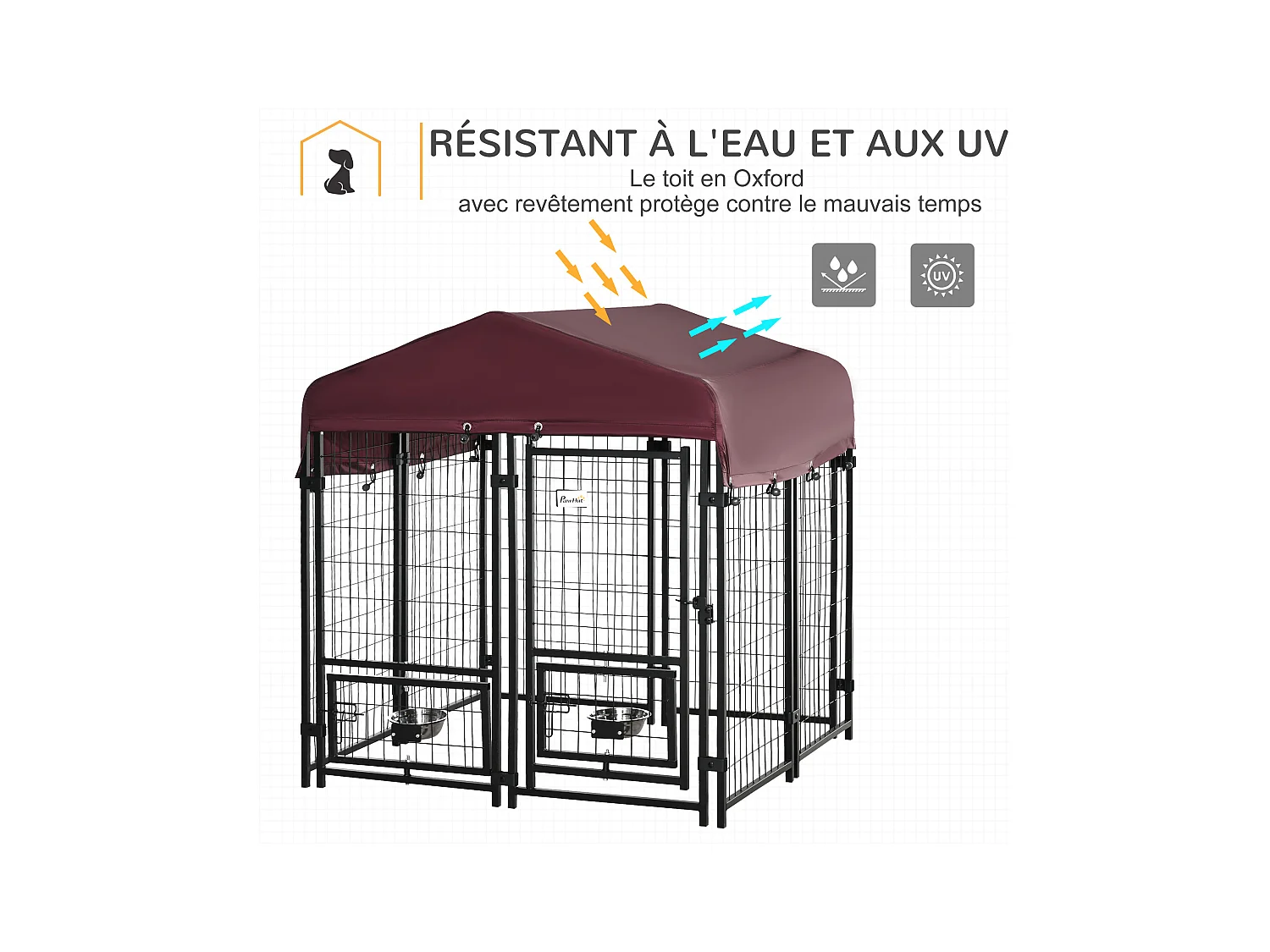Chenil extérieur pour chien - cage chien - enclos chien - toile toit imperméable anti-UV, porte verrouillable, 2 bols rotatifs - acier noir oxford pourpre