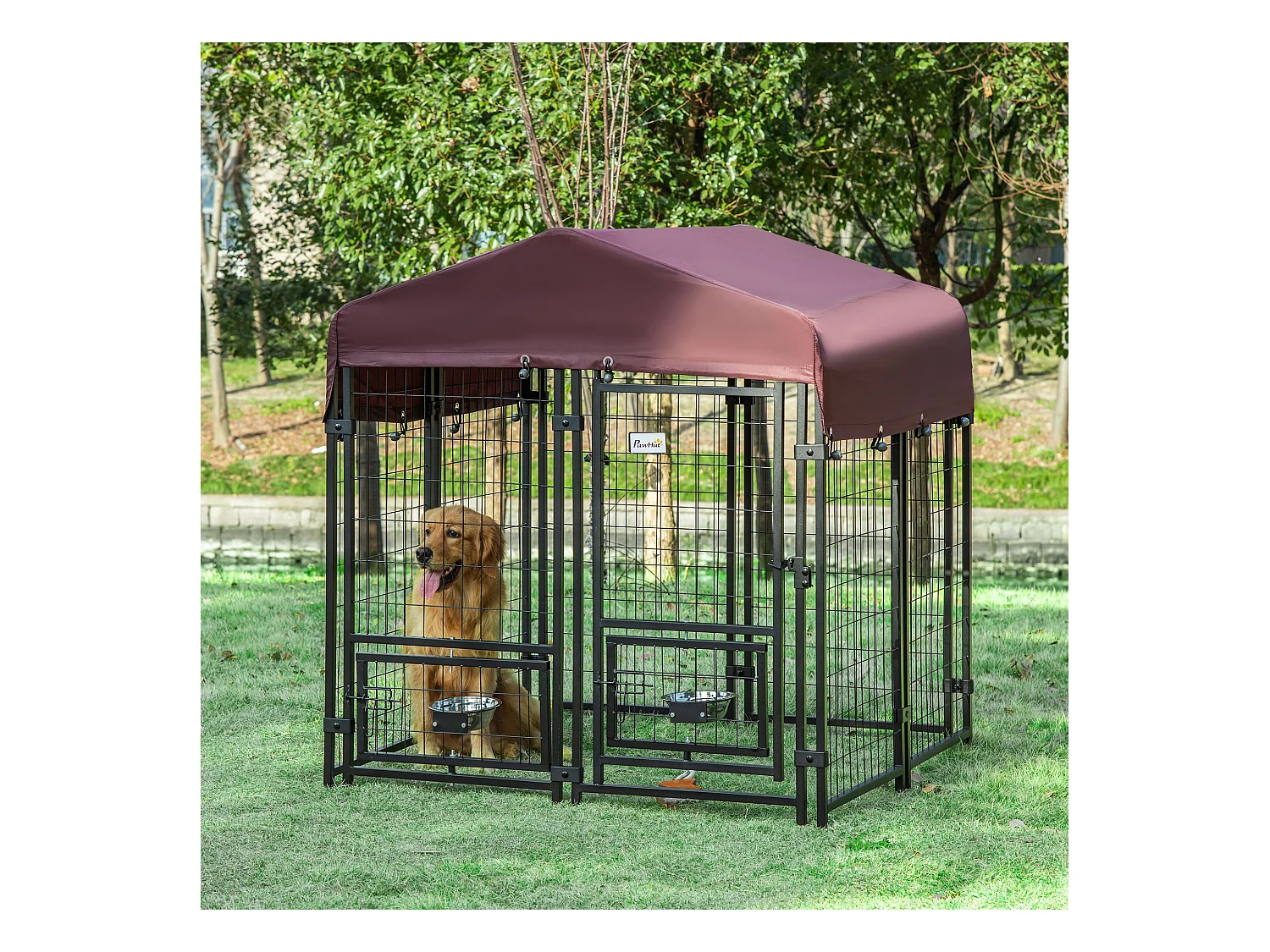 Chenil extérieur pour chien - cage chien - enclos chien - toile toit imperméable anti-UV, porte verrouillable, 2 bols rotatifs - acier noir oxford pourpre
