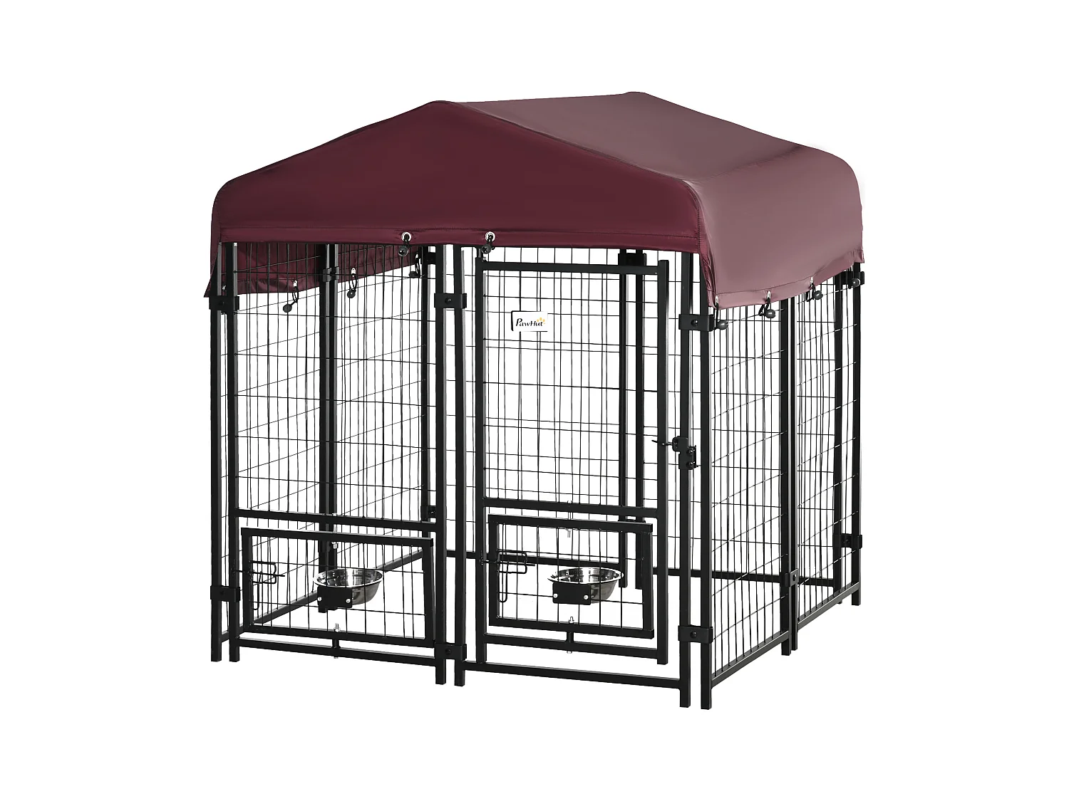 Chenil extérieur pour chien - cage chien - enclos chien - toile toit imperméable anti-UV, porte verrouillable, 2 bols rotatifs - acier noir oxford pourpre